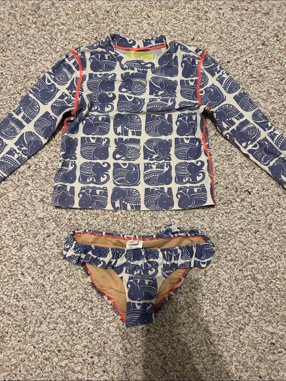 Crewcuts Navy and Cream Elephant Print Rashguard Bikini Set